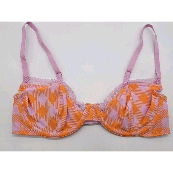 Savage X Fenty Bra Women's Size 32C Pink Plaid Gingham Unlined Plunge Underwire - Picture 1 of 12
